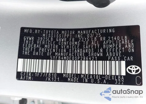 2025 Toyota Corolla Le from USA, damaged, VIN 5YFB4MDE0SP286421